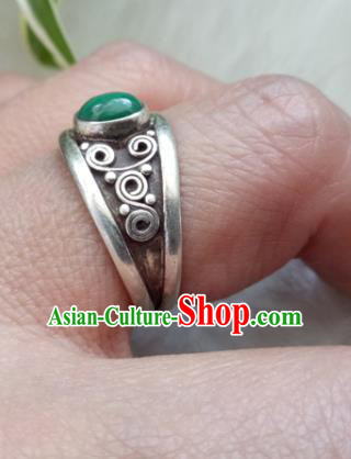 Chinese Zang Nationality Silver Malachite Rings Handmade Traditional Tibetan Ethnic Jewelry Accessories for Women