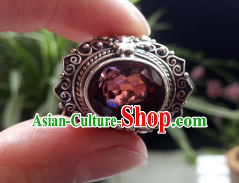 Chinese Zang Nationality Wine Red Crystal Rings Handmade Traditional Tibetan Ethnic Jewelry Accessories for Women