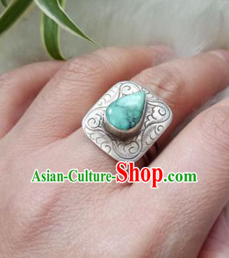 Chinese Zang Nationality Kallaite Silver Rings Handmade Traditional Tibetan Ethnic Jewelry Accessories for Women