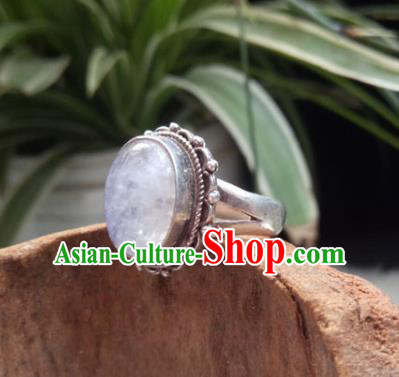 Chinese Zang Nationality Moonstone Silver Rings Handmade Traditional Tibetan Ethnic Jewelry Accessories for Women