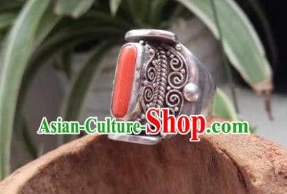 Chinese Zang Nationality Red Coral Silver Rings Handmade Traditional Tibetan Ethnic Jewelry Accessories for Women