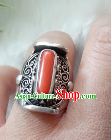 Chinese Zang Nationality Red Coral Silver Rings Handmade Traditional Tibetan Ethnic Jewelry Accessories for Women