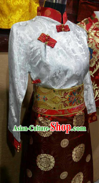 Chinese Zang Nationality Costume Traditional Tibetan Ethnic White Blouse for Women