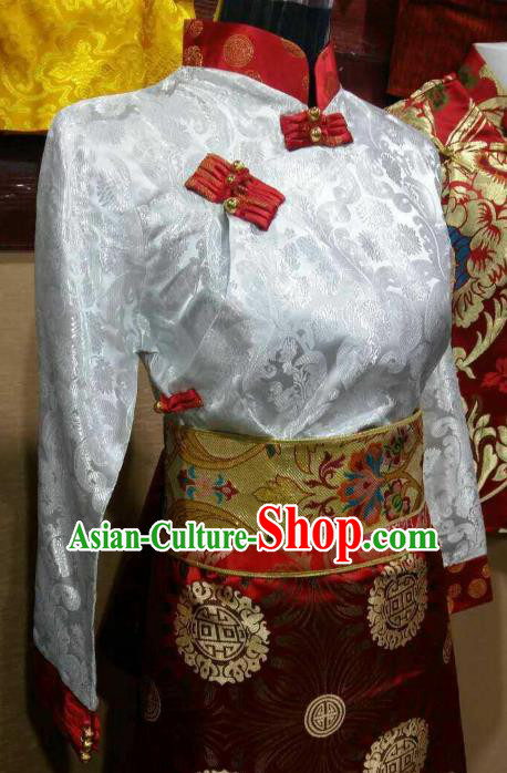 Chinese Zang Nationality Costume Traditional Tibetan Ethnic White Blouse for Women
