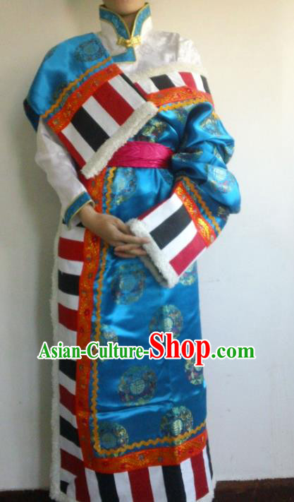Chinese Zang Nationality Folk Dance Costume Blue Tibetan Robe Traditional Ethnic Dress for Women