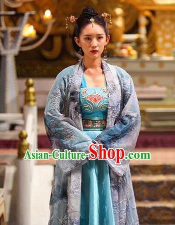 Chinese Ancient Noble Concubine Blue Hanfu Dress Drama Devastating Beauty Han Lu Costume and Headpiece for Women