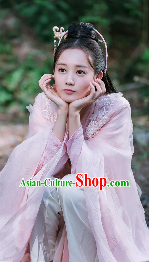 Chinese Ancient Female Swordsman Historical Television Bloody Romance Wan Mei Pink Dress and Headpiece for Women