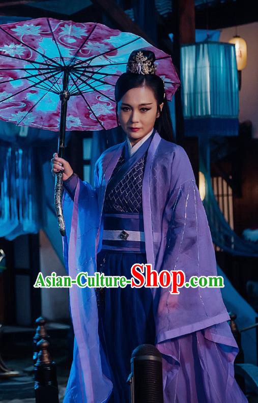Chinese Ancient Female Castellan Swordsman Historical Television Bloody Romance Cha Wu Hanfu Dress and Headpiece for Women