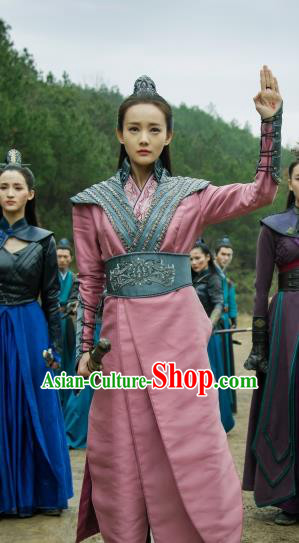 Chinese Historical Television Bloody Romance Ancient Female Swordsman Wan Mei Pink Hanfu Dress and Headpiece for Women