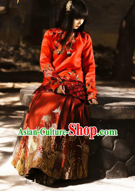 Chinese Ancient Fairy Costume Drama WuXin The Monster Killer Yue Qiluo Qing Dynasty Red Dress and Headpiece for Women
