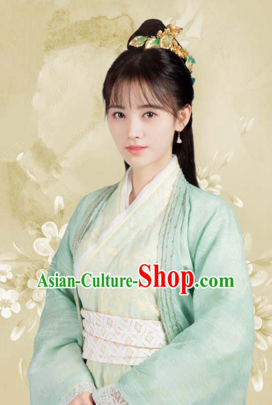 Chinese Ancient Rani Han Yunxi Green Hanfu Dress Drama Legend of Yun Xi Costume and Headpiece for Women