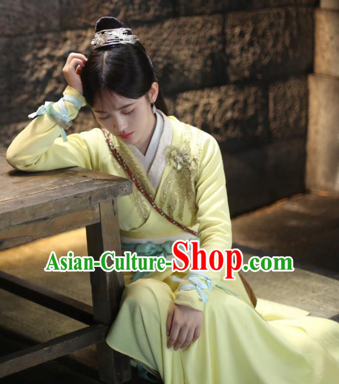 Chinese Ancient Princess Han Yunxi Yellow Hanfu Dress Drama Legend of Yun Xi Costume and Headpiece for Women