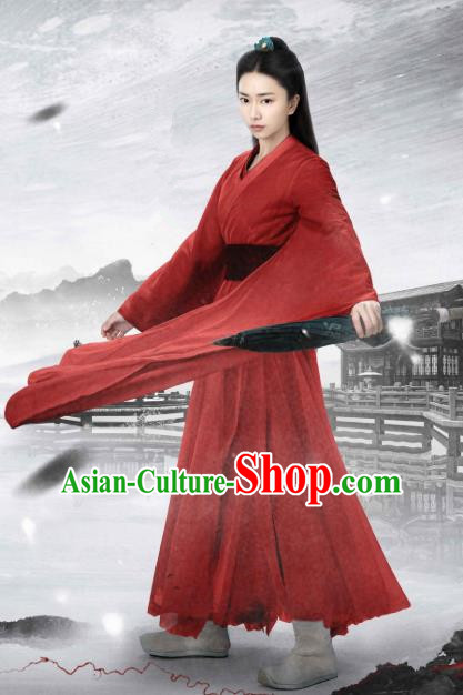 Drama Xia Tan Jian Bu Zhi Chinese Ancient Female Swordsman Zhan Shiqi Red Dress Costume and Headpiece for Women