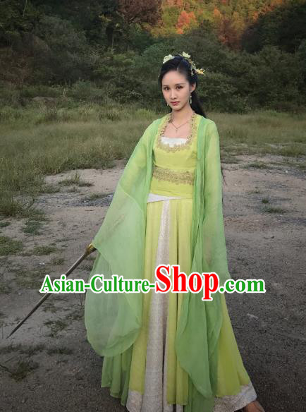 Chinese Ancient Courtesan Yu Ze Green Hanfu Dress Drama Legend of Yun Xi Costume and Headpiece for Women