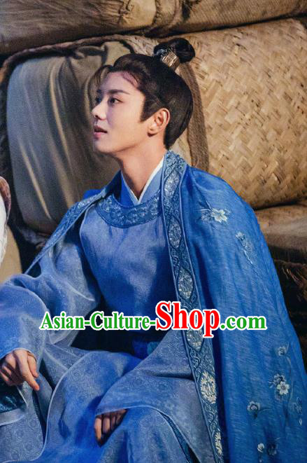 Chinese Ancient Tang Dynasty Gifted Scholar Sang Chen Blue Clothing Historical Drama Miss Truth Costume and Headpiece for Men