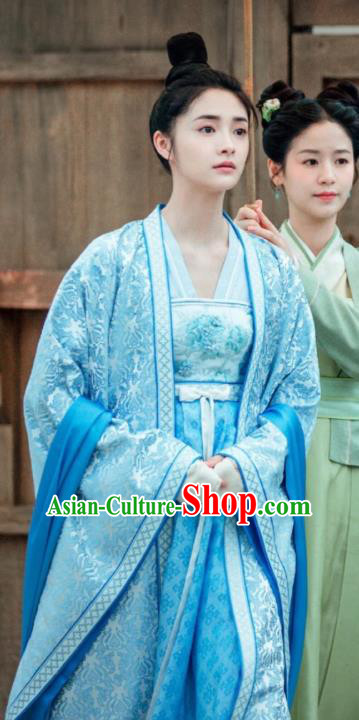 Drama Miss Truth Chinese Ancient Nobility Lady Ran Yan Blue Hanfu Dress Tang Dynasty Costume and Headpiece for Women