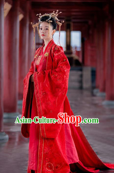 Drama Miss Truth Chinese Ancient Nobility Lady Ran Meiyu Red Hanfu Dress Tang Dynasty Wedding Costume and Headpiece for Women