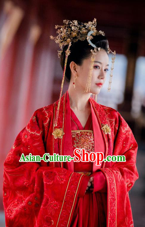 Drama Miss Truth Chinese Ancient Nobility Lady Ran Meiyu Red Hanfu Dress Tang Dynasty Wedding Costume and Headpiece for Women