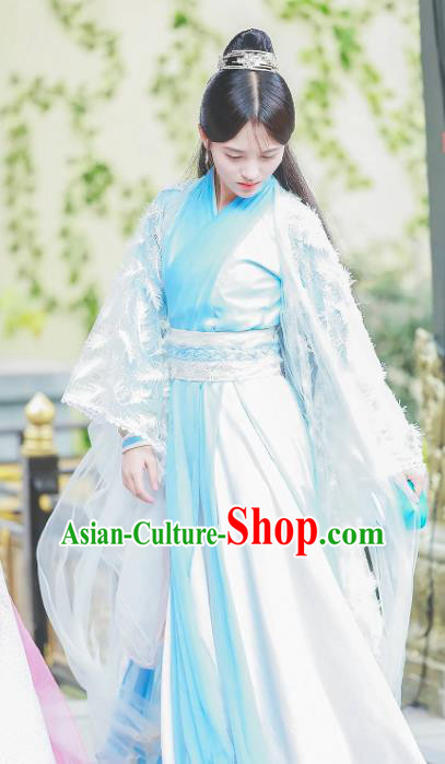 Chinese Ancient Female Swordsman Han Yunxi Blue Hanfu Dress Drama Legend of Yun Xi Costume and Headpiece for Women