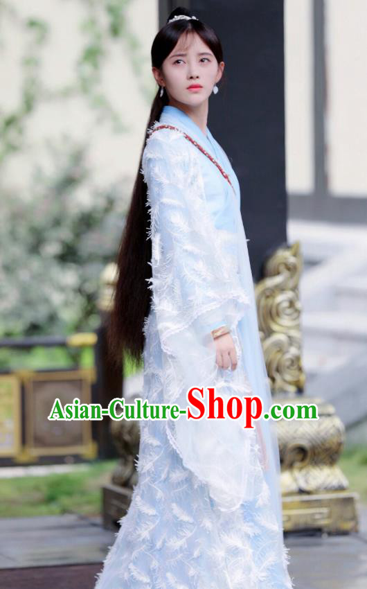 Chinese Ancient Female Swordsman Han Yunxi Blue Hanfu Dress Drama Legend of Yun Xi Costume and Headpiece for Women