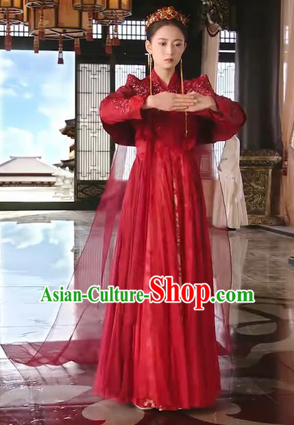 Chinese Ancient Princess Feng Wanmian Wedding Red Hanfu Dress Drama The Love Lasts Two Minds Costume and Headpiece for Women