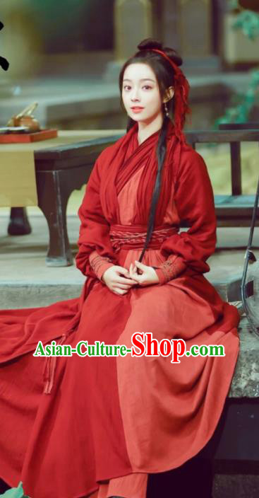 Chinese Ancient Swordswoman Feng Wanmian Red Hanfu Dress Drama The Love Lasts Two Minds Costume and Headpiece for Women