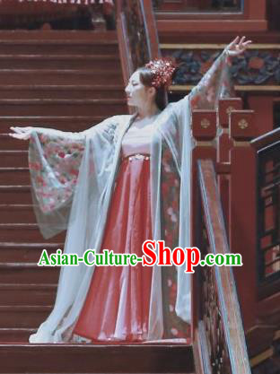 Drama Tao Hua Jie Chinese Ancient Courtesan Dance Hanfu Dress Costume and Headpiece for Women