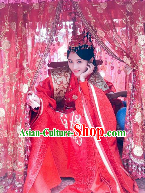 Chinese Ancient Crown Princess Qin Red Hanfu Dress Drama Legend of Yun Xi Wedding Costume and Headpiece for Women