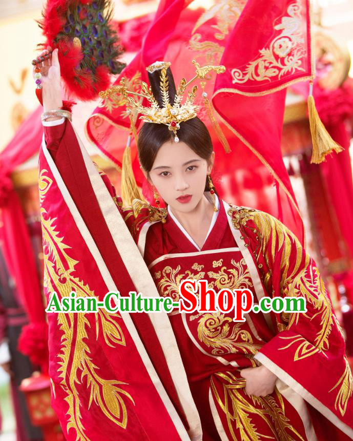 Chinese Ancient Princess Rani Qin Red Hanfu Dress Drama Legend of Yun Xi Wedding Costume and Headpiece for Women