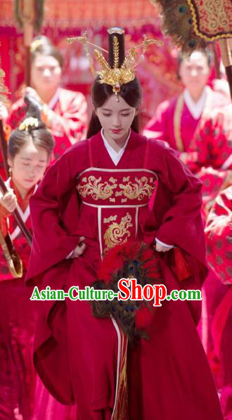 Chinese Ancient Princess Rani Qin Red Hanfu Dress Drama Legend of Yun Xi Wedding Costume and Headpiece for Women