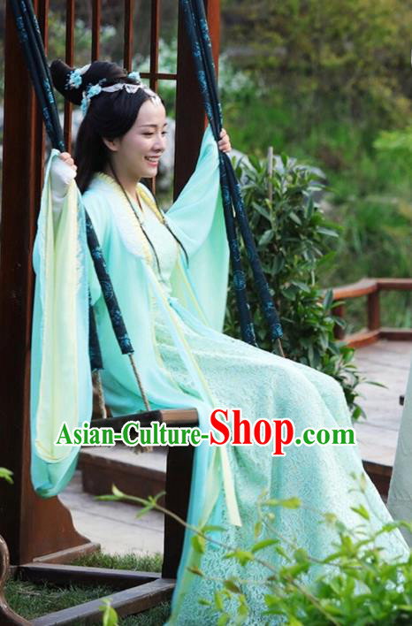 Drama Colourful Bone Chinese Ancient Royal Princess A Li Green Dress Costume and Headpiece for Women