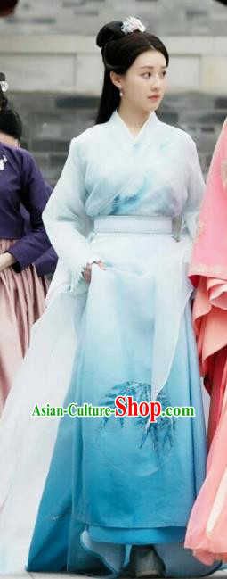 Drama Colourful Bone Chinese Ancient Female Swordsman Jing Shu Blue Dress Costume and Headpiece for Women