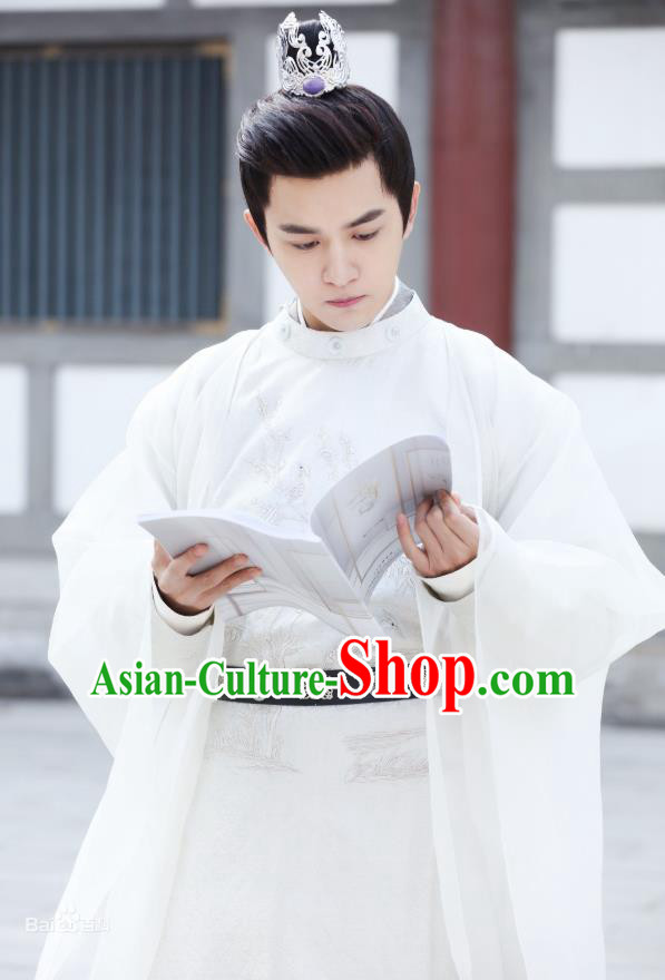 Chinese Ancient Prince Ren Sheng White Clothing Historical Drama Colourful Bone Costume and Headpiece for Men