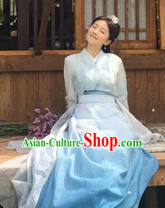 Drama Colourful Bone Chinese Ancient Princess Blue Dress Costume and Headpiece for Women