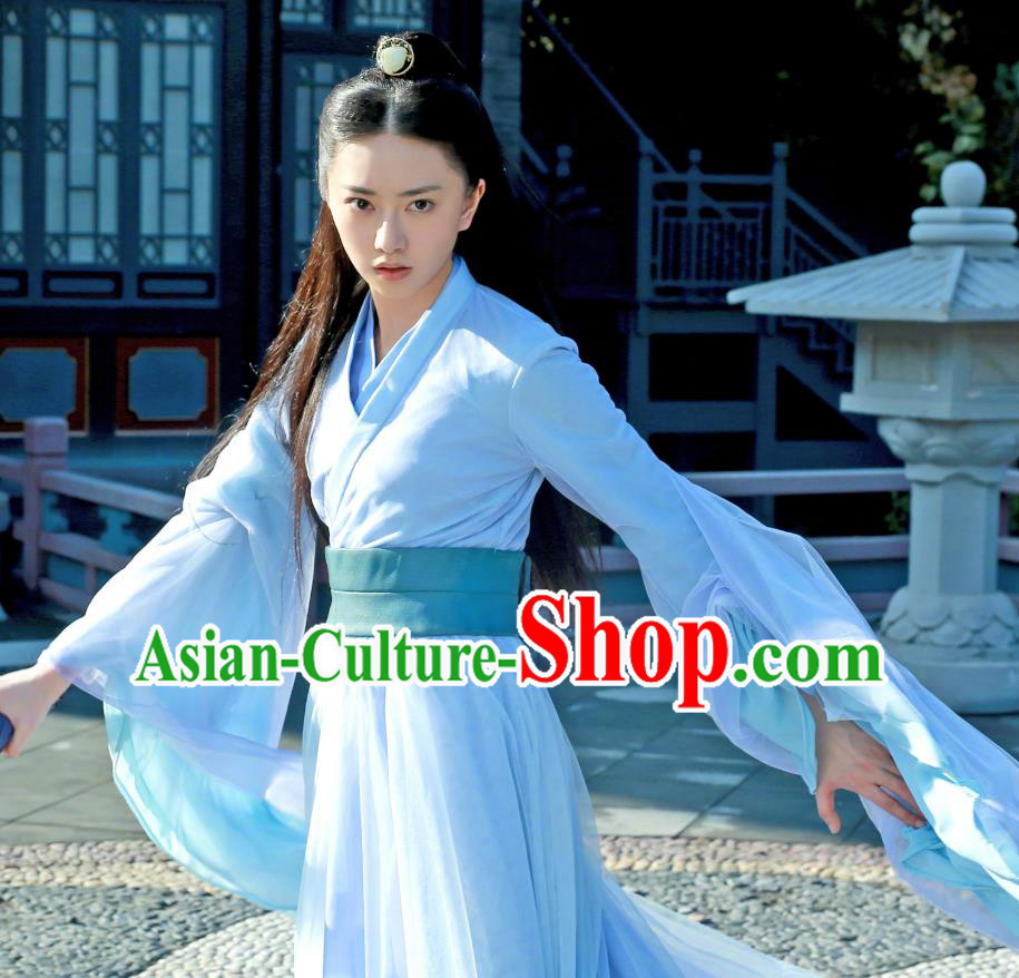 Drama Xia Tan Jian Bu Zhi Chinese Ancient Female Slayer Zhan Shiqi Blue Dress Costume and Headpiece for Women