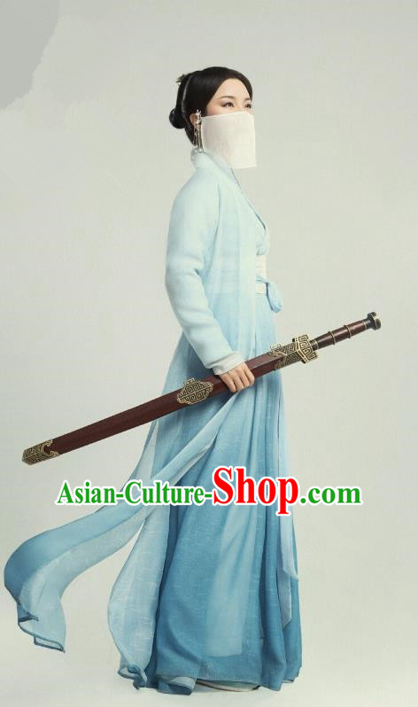 Chinese Ancient Court Maid Zhi Xia Blue Hanfu Dress Drama The Love Lasts Two Minds Costume and Headpiece for Women