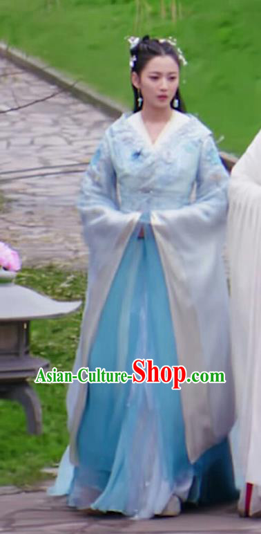 Chinese Ancient Royal Infanta Blue Hanfu Dress Drama The Love Lasts Two Minds Costume and Headpiece for Women