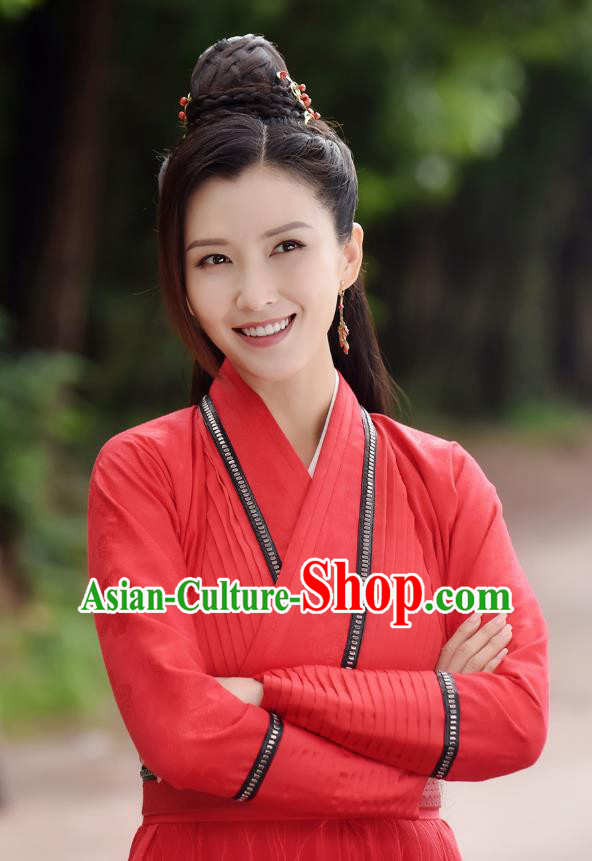 Chinese Ancient Female Swordsman Tu Jiaojiao Red Hanfu Dress Drama Handsome Siblings Costume and Headpiece for Women