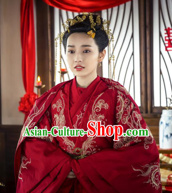Chinese Historical Drama The Legend of Zu Ancient Princess Qi Lingyun Wedding Costume and Headpiece for Women