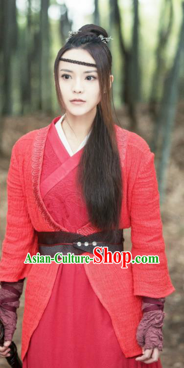 Chinese Historical Drama A Step Into The Past Ancient Qin Dynasty Swordsman Chen Yin Red Costume and Headpiece for Women