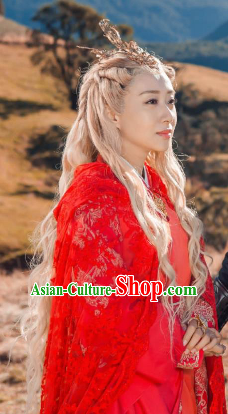 Chinese Historical Drama The Legend of Zu Ancient Demon Princess Sha Yanhong Red Costume and Headpiece for Women