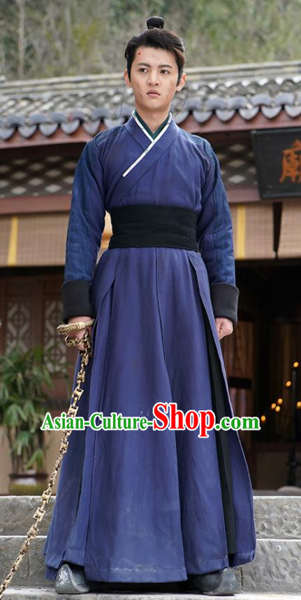 Chinese Ancient Swordsman Jiang Yulang Blue Clothing Historical Drama Handsome Siblings Costume and Headpiece for Men