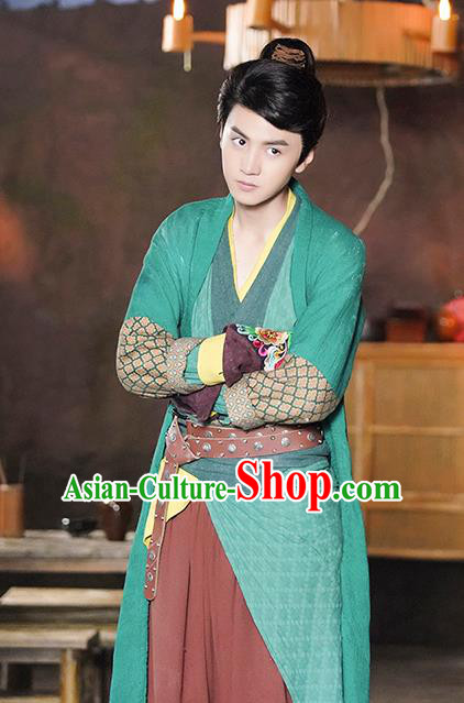 Chinese Ancient Swordsman Xiao Yuer Green Clothing Historical Drama Handsome Siblings Costume and Headpiece for Men