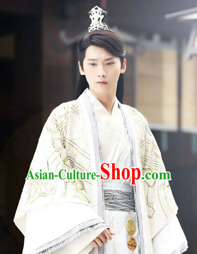 Chinese Ancient Royal Prince Mo Liancheng White Clothing Historical Drama The Eternal Love Costume and Headwear for Men