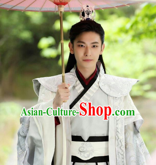Chinese Ancient Crown Prince Mo Liancheng White Clothing Historical Drama The Eternal Love Costume and Headwear for Men