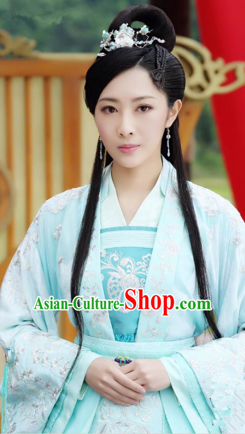 Chinese Historical Drama The Eternal Love Ancient Princess Consort Qu Pan Er Blue Costume and Headpiece for Women