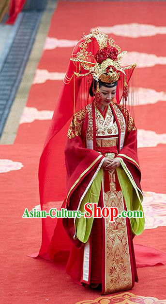 Chinese Historical Drama Swords of Legends Ancient Princess Zhaoning Wedding Costume and Headpiece for Women