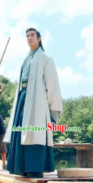 Chinese Drama Princess Silver Ancient Prince Wu You Blue Historical Costume and Headwear for Men