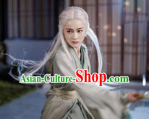 Chinese Ancient Female Swordsman Rong Le Green Historical Drama Princess Silver Costume and Headpiece for Women