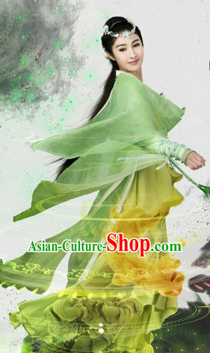 Chinese Historical Drama Swords of Legends Ancient Fairy A Ruan Green Costume and Headpiece for Women
